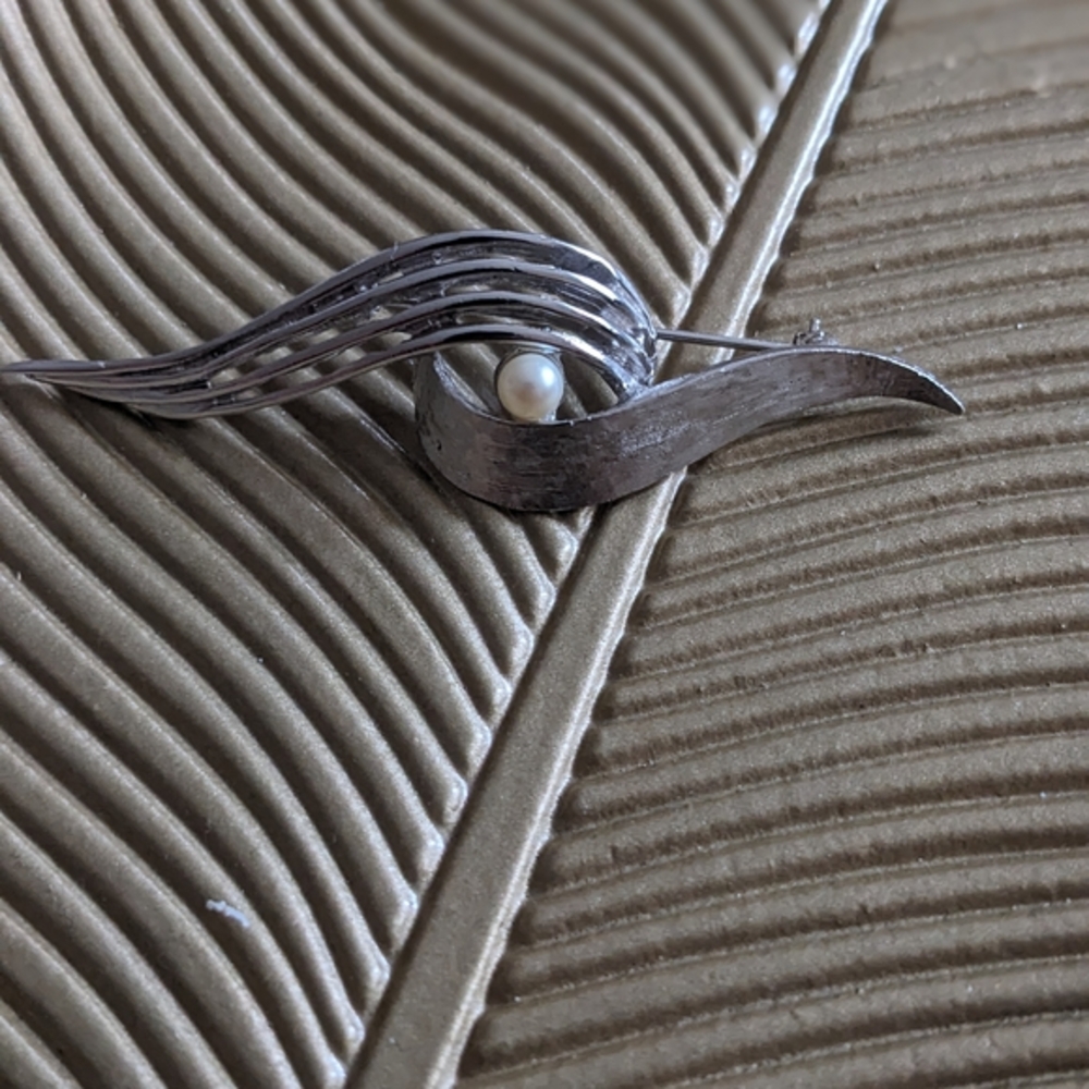 Vintage Modernist Boucher Silver Brooch with Pearl Accent